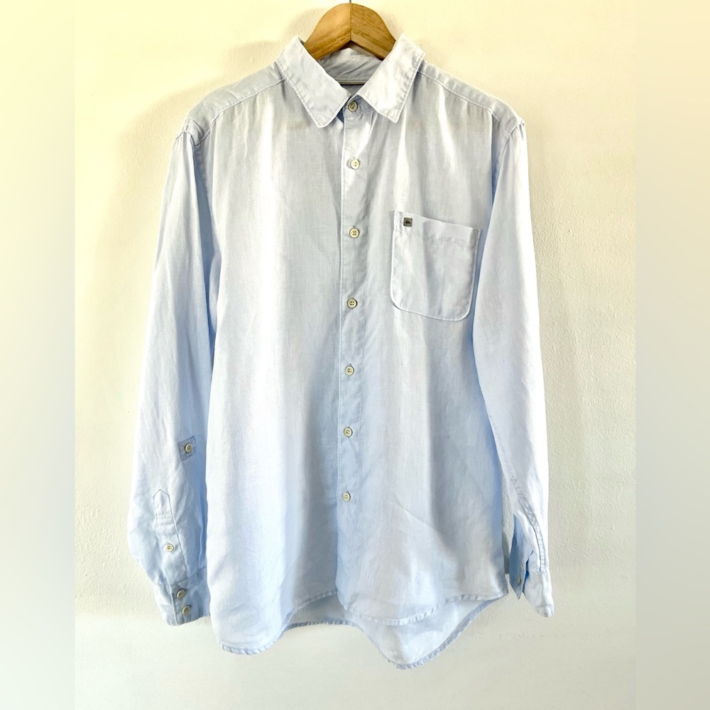 Quicksilver Light‎ Blue Casual Button-Up 100% Linen Collared Shirt Size Medium